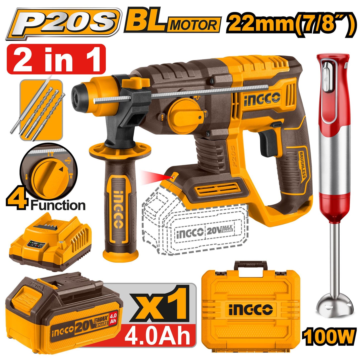 COSLI240208 - PACK MARTEAU PERFORATEUR 22MM 20V/MIXEUR PLONGEANT INGCO Maroc