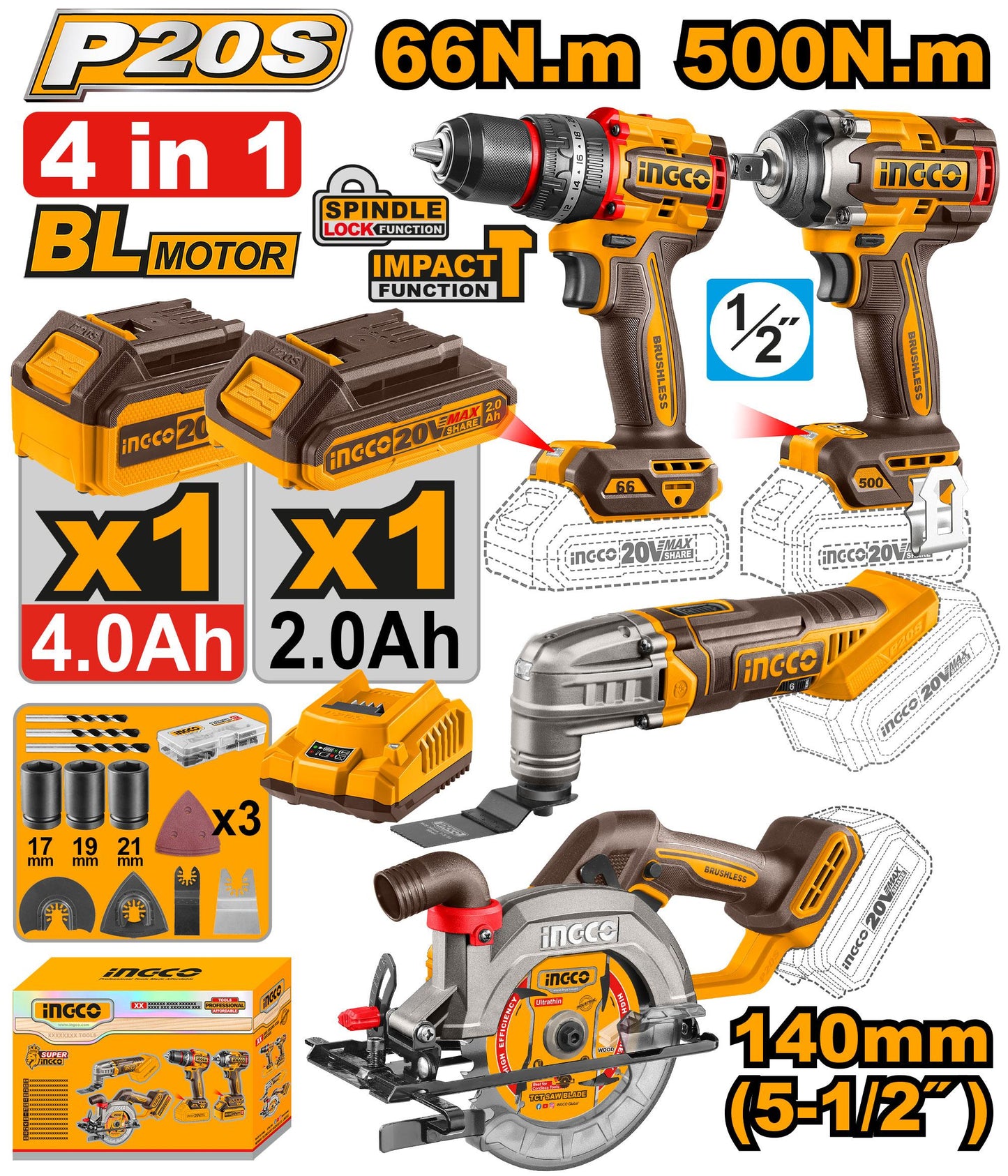 COSLI241169 - PACK DE 4 MACHINES PERCEUSE+SCIE CIRCULAIRE+BOULONNEUSE+MULTIFONCTION INGCO Maroc