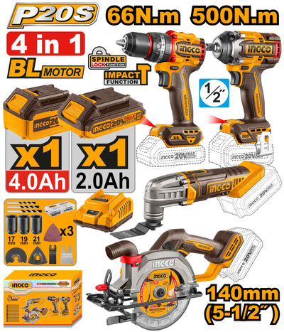 INGCO PACK DE 4 MACHINES PERCEUSE+SCIE CIRCULAIRE+BOULONNEUSE+MULTIFONCTION AU MAROC [COSLI241169]