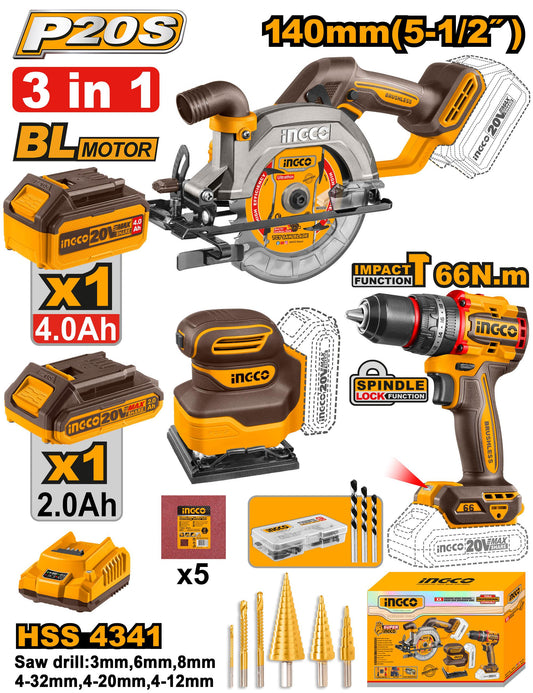 COSLI241193 - PACK DE 3 MACHINES VISSEUSE/SCIE CIRCULAIRE/PONCEUSE INGCO 2 BATT 2AH/4AH INGCO Maroc