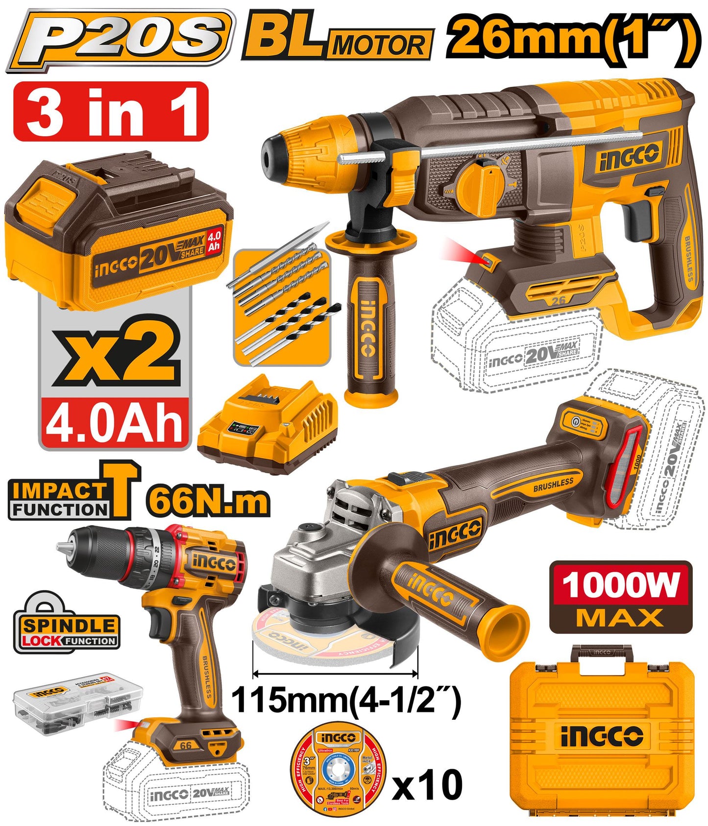 COSLI241198 - PACK PERFORATEUR+MEULEUSE+PERCEUSE 66NM BRUSHLESS INGCO Maroc
