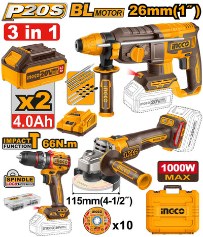 INGCO PACK PERFORATEUR+MEULEUSE+PERCEUSE 66NM BRUSHLESS AU MAROC [COSLI241198]