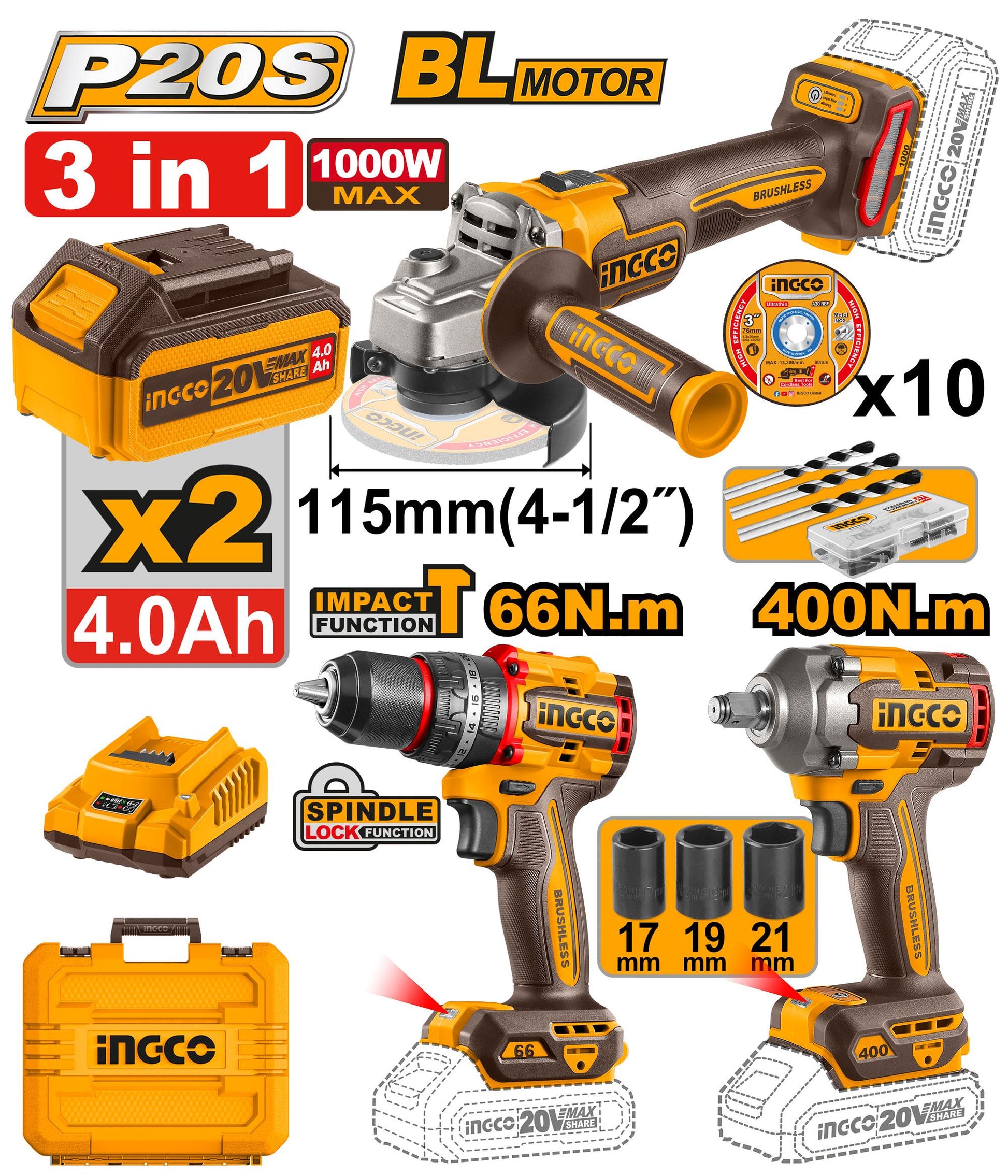INGCO Pack Perceuse+Meuleuse+Boulonneuse Brushless 20V - trio chantier Maroc