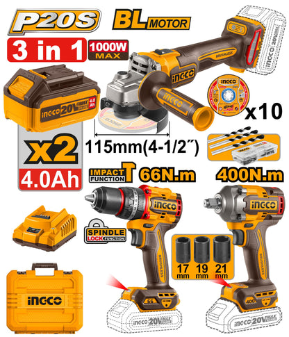 INGCO Pack Perceuse+Meuleuse+Boulonneuse Brushless 20V - trio chantier Maroc
