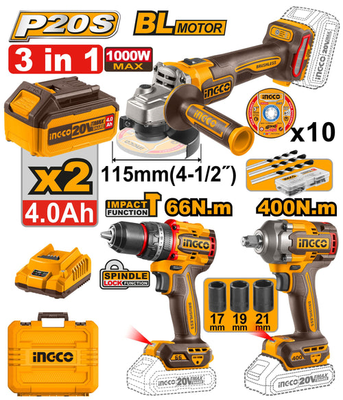 INGCO Pack Perceuse+Meuleuse+Boulonneuse Brushless 20V - trio chantier Maroc