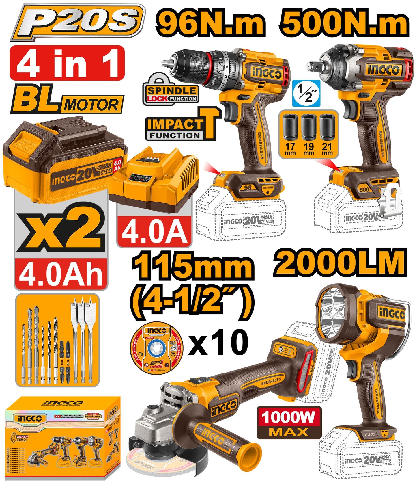 COSLI241292 - PACK DE 4 MACHINES PERC VISSEUSE 96NM+BOULONNEUSE 1/2+MEULEUSE 115MM+TAMPE TORCHE INGCO INGCO Maroc