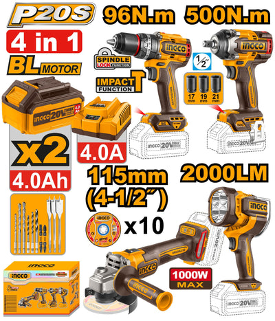 INGCO PACK DE 4 MACHINES PERC VISSEUSE 96NM+BOULONNEUSE 1/2+MEULEUSE 115MM+TAMPE TORCHE INGCO AU MAROC [COSLI241292]