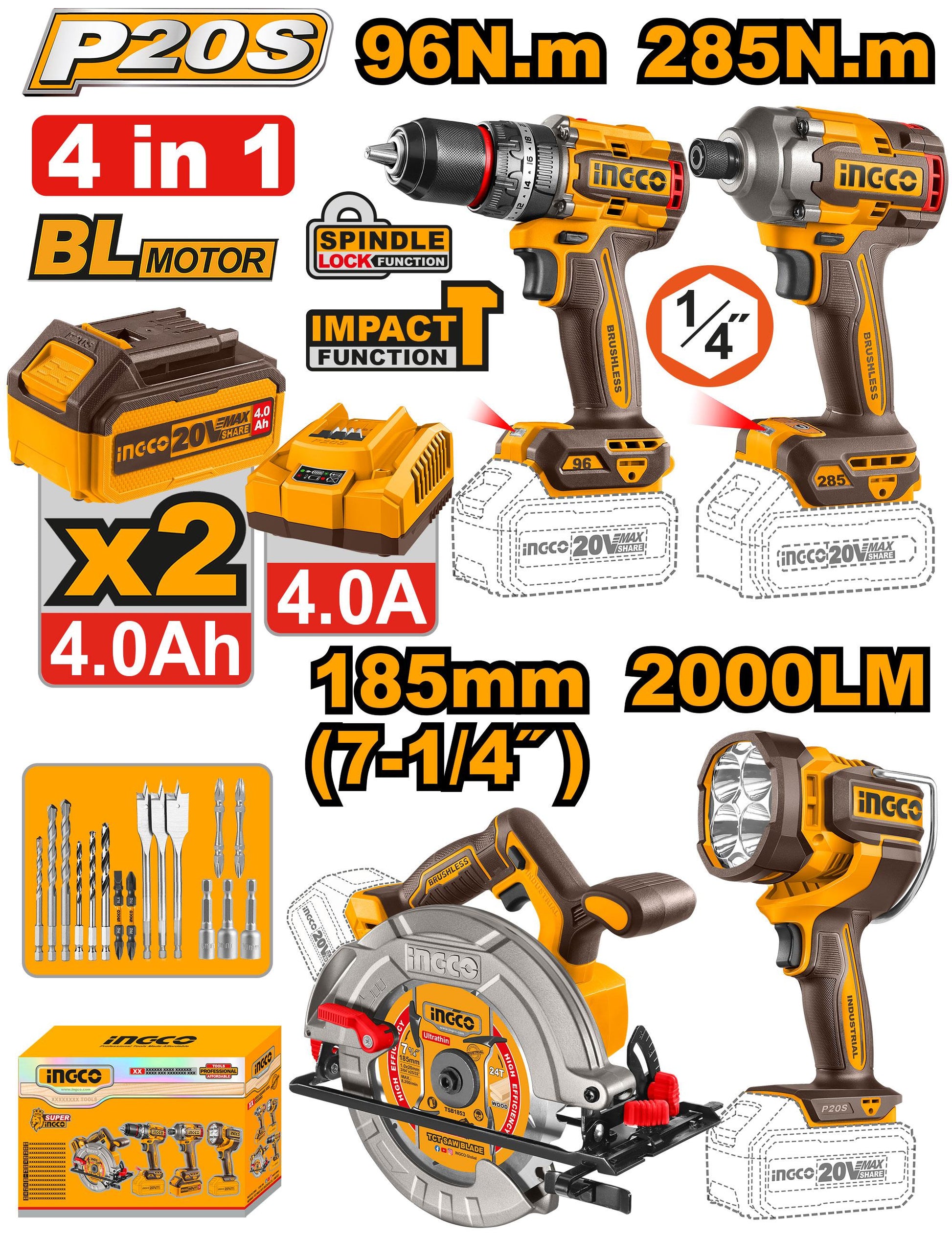 COSLI241297 - PACK 4 MACHINES VISSEUSE 96NM+BOULONNEUSE 285NM+SCIE CIRCULAIRE 185MM+TORCHE INGCO Maroc