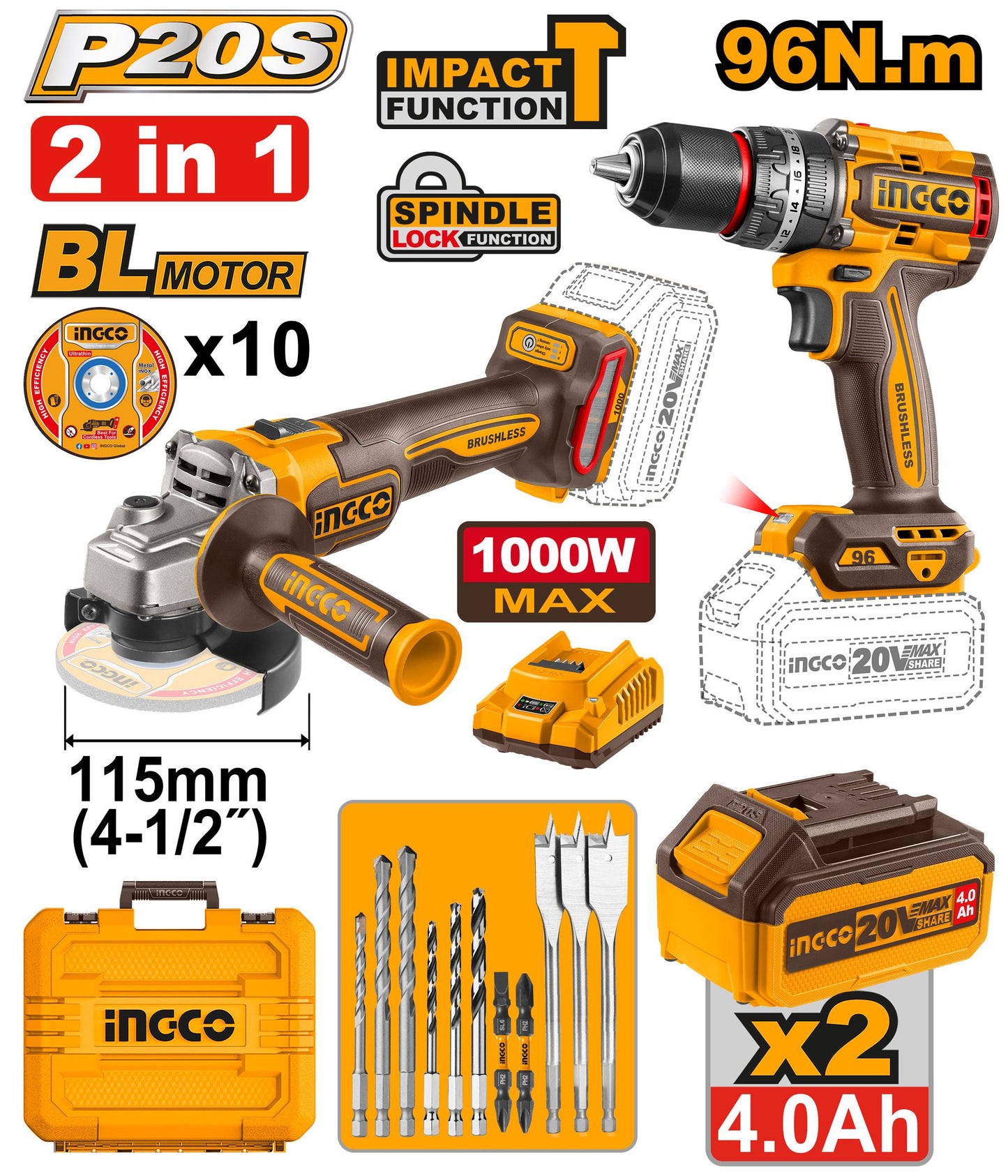 COSLI241298 - PACK 2 MACHINE MEULEUSE VISSEUSE 20V + 10 ACCESSOIRES INGCO Maroc