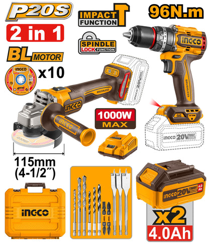 COSLI241298 - PACK 2 MACHINE MEULEUSE VISSEUSE 20V + 10 ACCESSOIRES INGCO Maroc