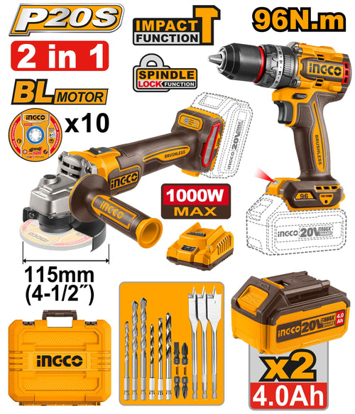 COSLI241298 - PACK 2 MACHINE MEULEUSE VISSEUSE 20V + 10 ACCESSOIRES INGCO Maroc