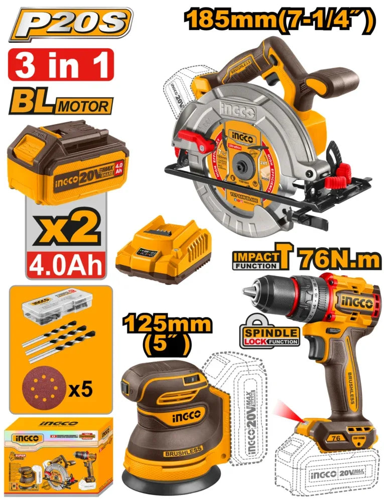 INGCO PACK DE 3 MACHINES VISSEUSE 76NM+SCIE CIRCULAIRE +PONCEUSE 125MM INGCO AU MAROC