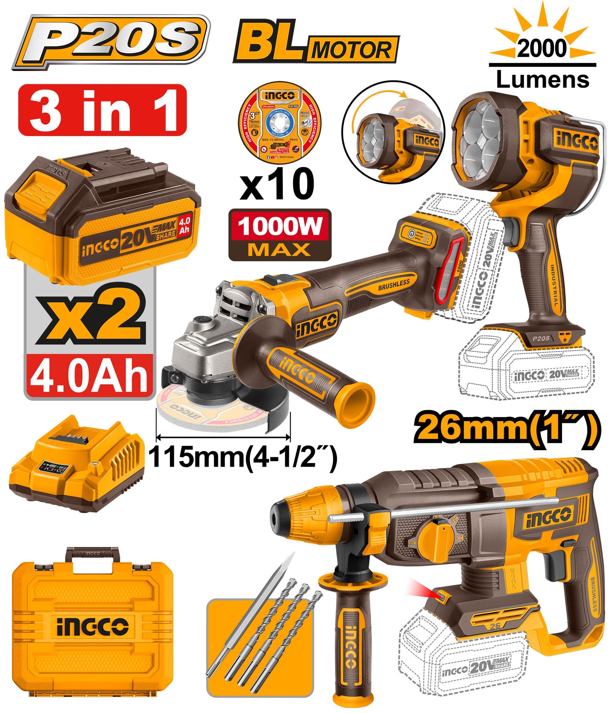 COSLI250183 - KIT COMBINÉ SANS FIL 3 PIÈCES INGCO Maroc