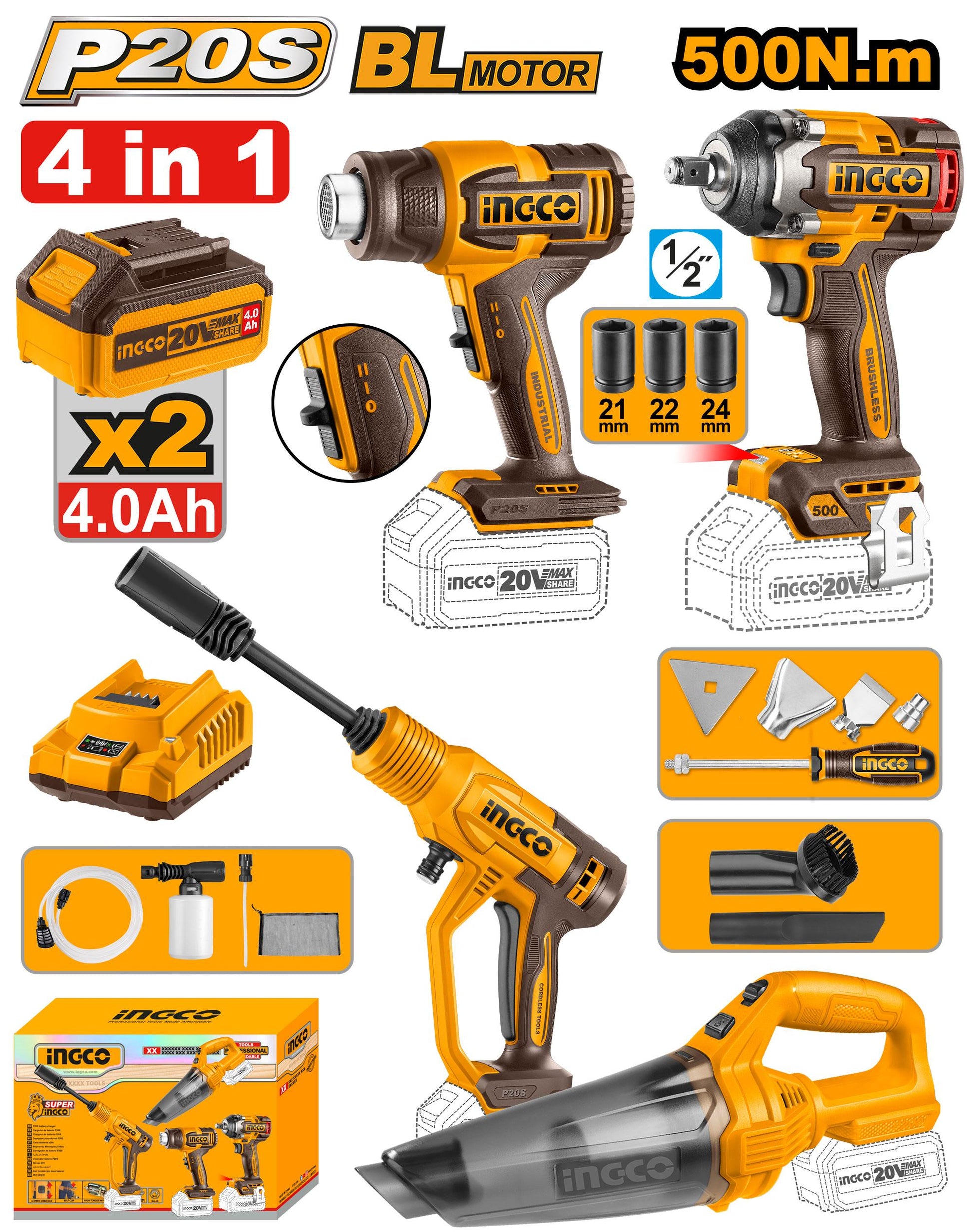 COSLI250208 - PACK 4 MACHINES DECAPEUR+BOULONNEUSE1/2+NETTOYEUR+ASPIRATEUR  A BATTERIE INGCO INGCO Maroc