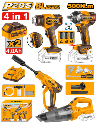 INGCO PACK 4 MACHINES DECAPEUR+BOULONNEUSE1/2+NETTOYEUR+ASPIRATEUR  A BATTERIE INGCO AU MAROC [COSLI250208]