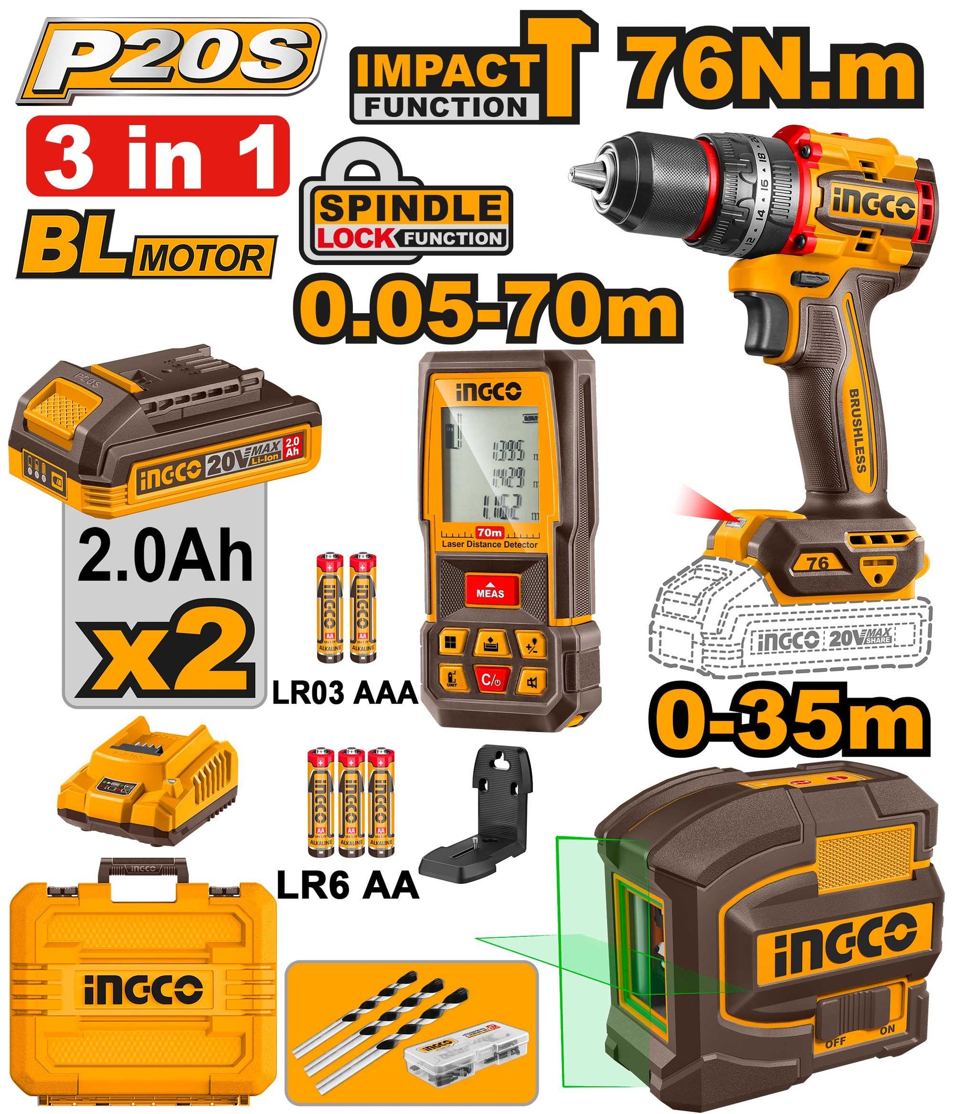 INGCO Pack Visseuse 76Nm + Télémètre + Niveau laser - kit mesure et vissage Maroc
