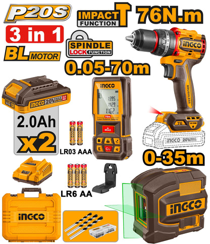 INGCO Pack Visseuse 76Nm + Télémètre + Niveau laser - kit mesure et vissage Maroc