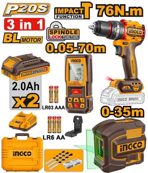 INGCO Pack Visseuse 76Nm + Télémètre + Niveau laser - kit mesure et vissage Maroc