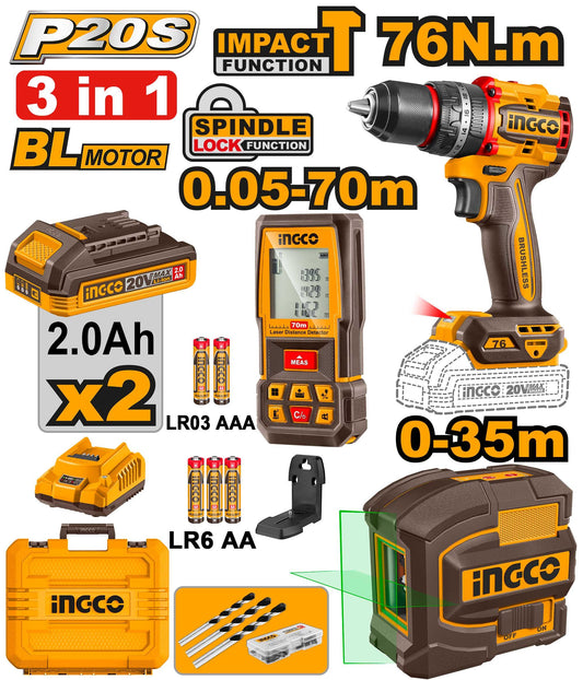 COSLI250511 - PACK VISSEUSE 76NM + TELEMETRE LASER 70M + NIVEAU LASER 2L INGCO Maroc