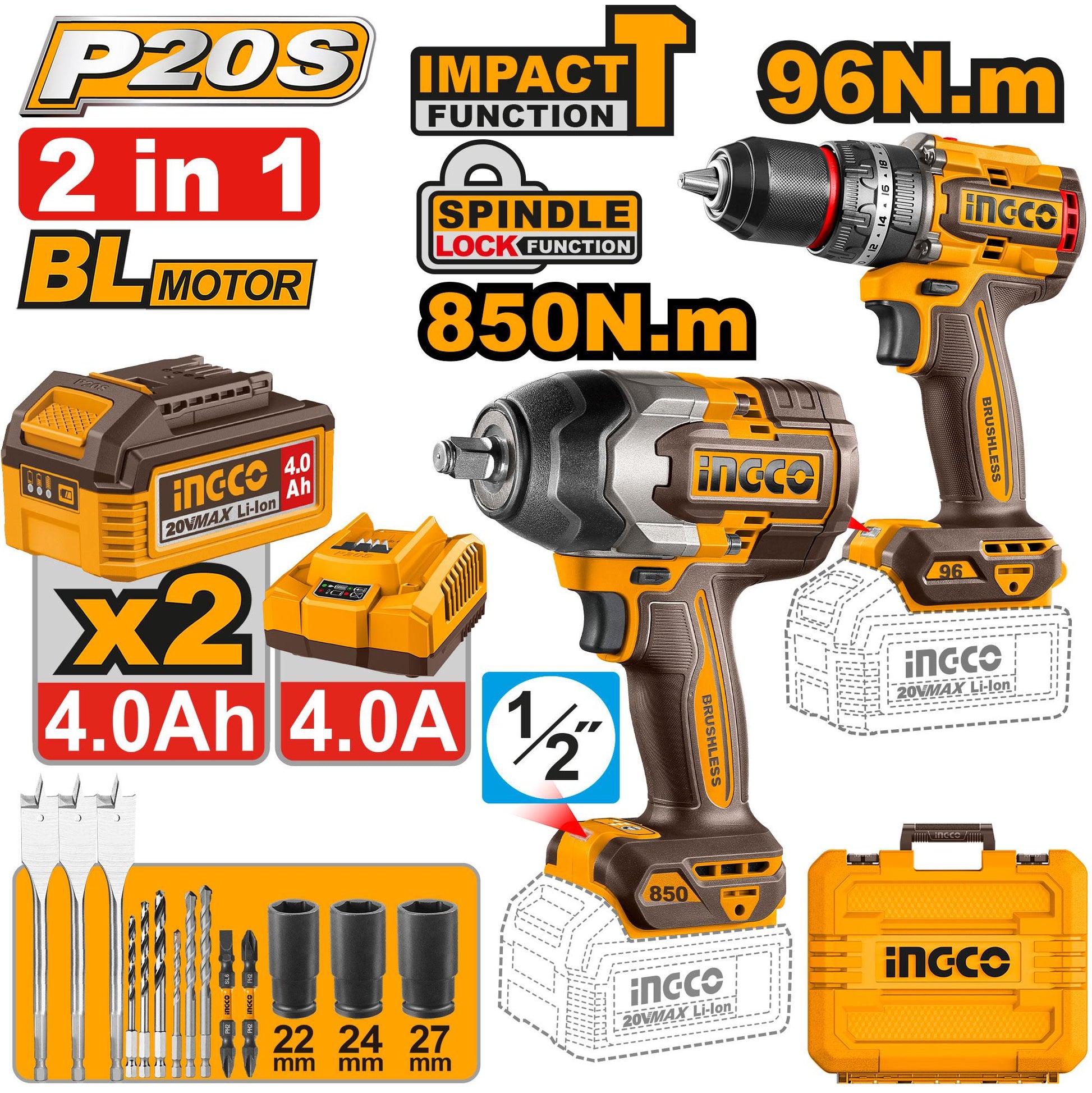 INGCO Pack visseuse 96Nm + boulonneuse 850Nm 20V - duo vissage pro Maroc