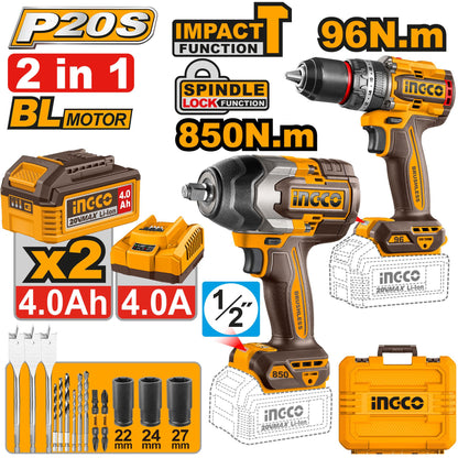 INGCO Pack visseuse 96Nm + boulonneuse 850Nm 20V - duo vissage pro Maroc