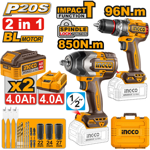 INGCO Pack visseuse 96Nm + boulonneuse 850Nm 20V - duo vissage pro Maroc