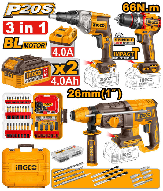 COSLI250591 - PACK DE 3MACHINES VISSEUSE 66NM +VISSEUSE POUR CLOISONS +MARTEAU 26MM +2BATTERIES 4AH INGCO INGCO Maroc