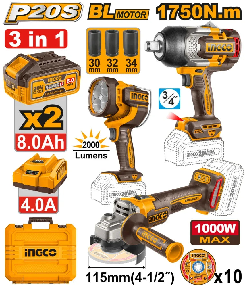 INGCO PACK MEULEUSE+BOULONNEUSE 1750NM+TORCHE+ 2BATTERIES/20V 8AH AU MAROC