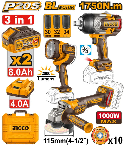 INGCO PACK MEULEUSE+BOULONNEUSE 1750NM+TORCHE+ 2BATTERIES/20V 8AH AU MAROC