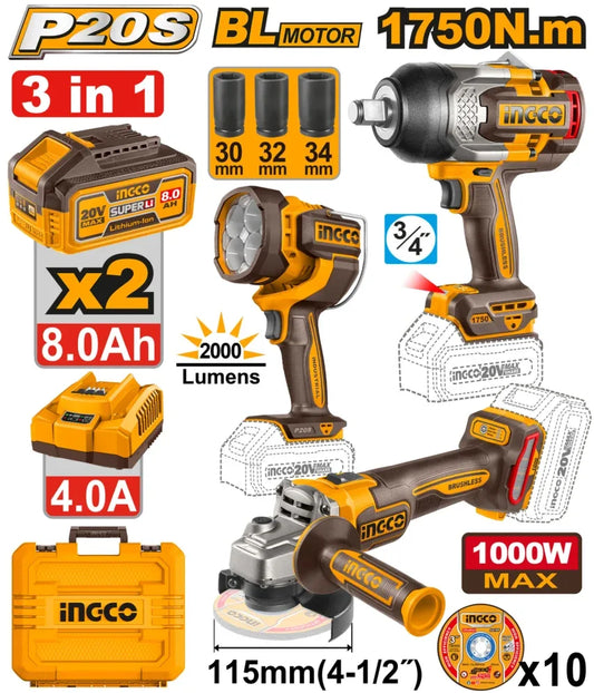 INGCO PACK MEULEUSE+BOULONNEUSE 1750NM+TORCHE+ 2BATTERIES/20V 8AH AU MAROC