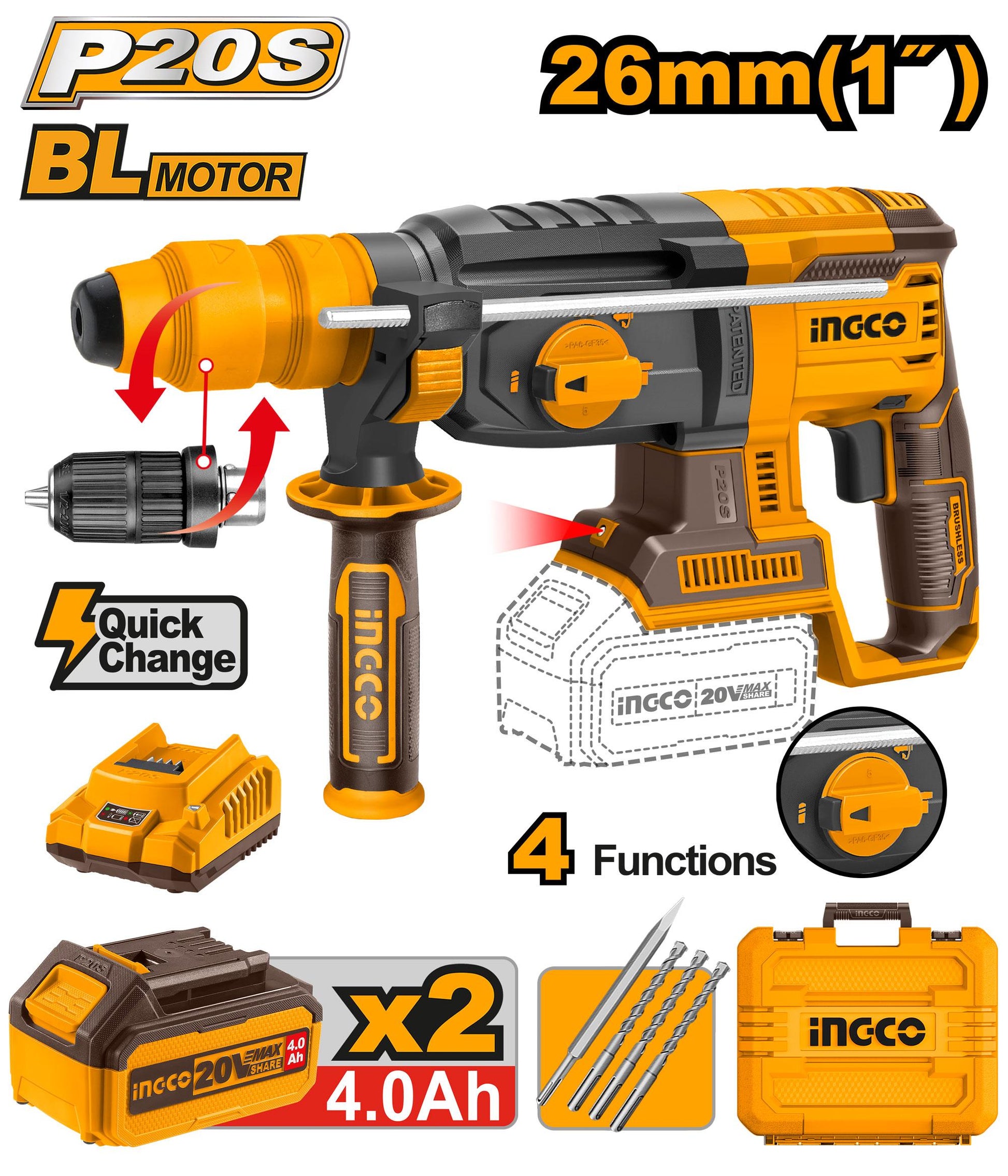 CRHLI202289 - MARTEAU PERFORATEUR 26MM 20V + 2BATTERIES 4AH DOUB INGCO Maroc
