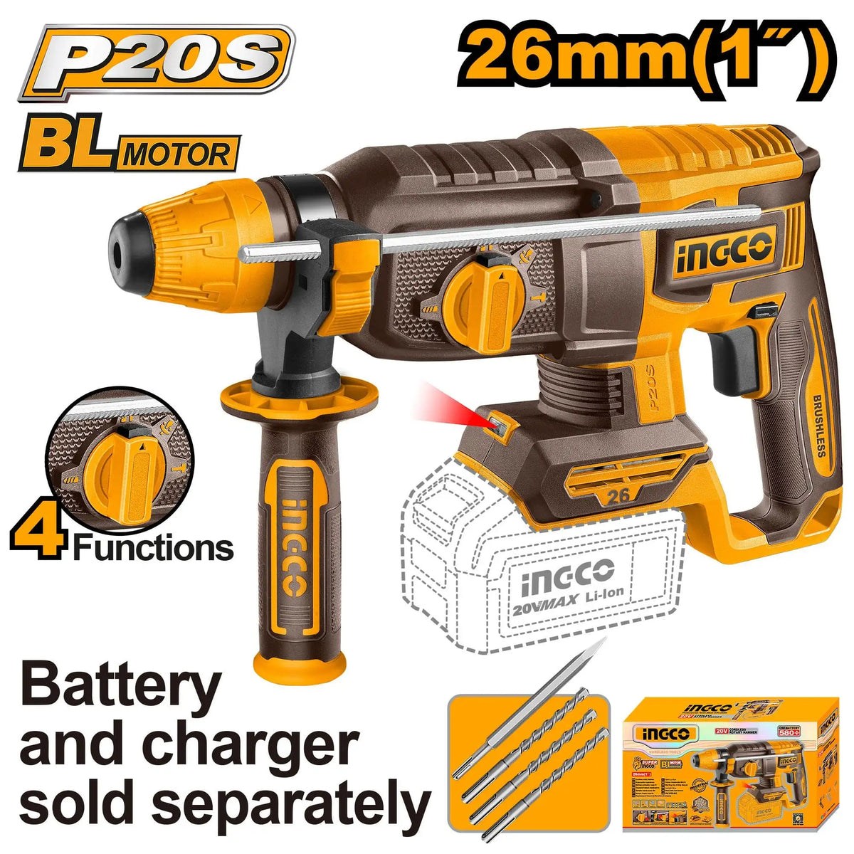 INGCO Perforateur Brushless CRHLI20268 26mm 20V — perçage béton chantier Maroc