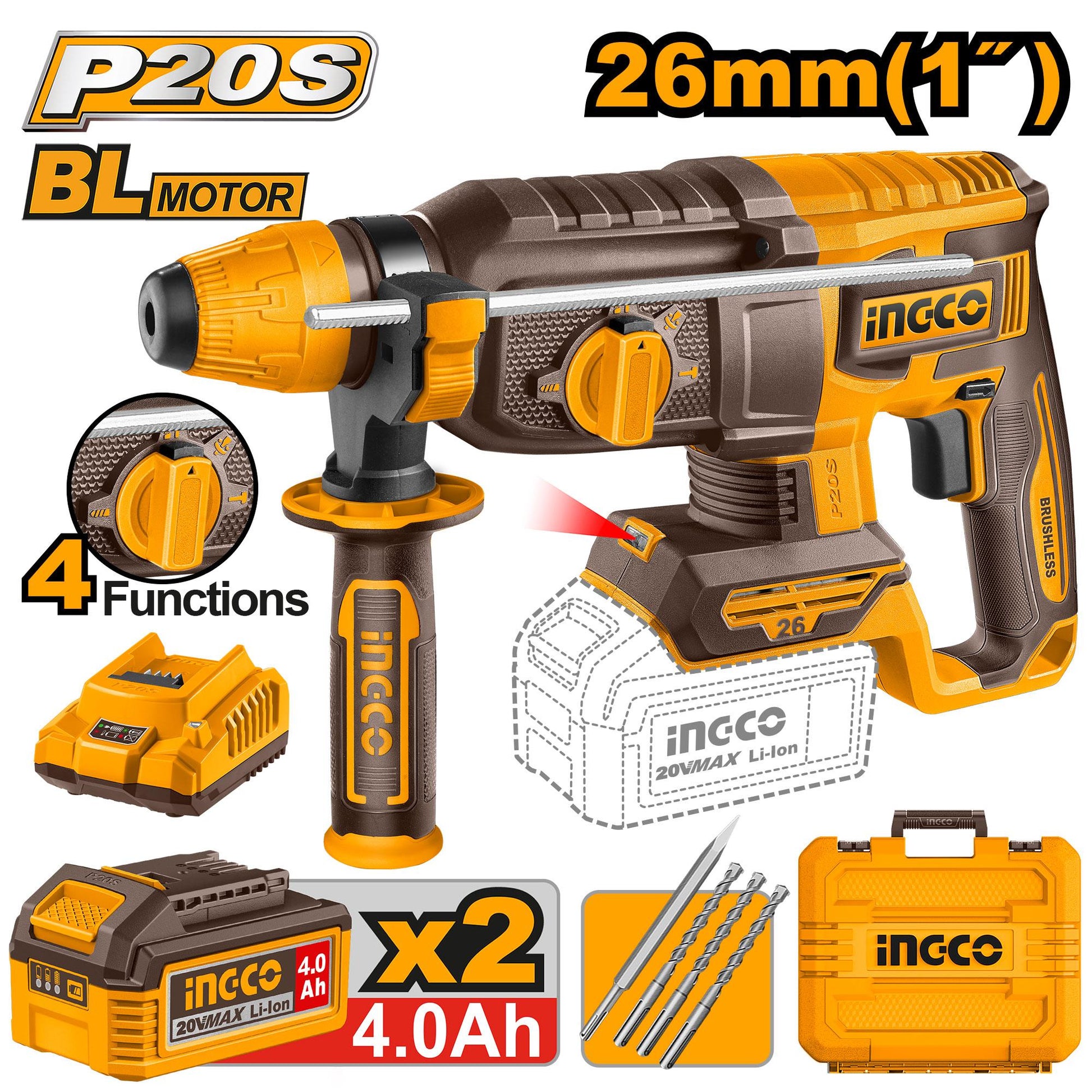CRHLI202682 - MARTEAU PERFORATEUR 26MM 20V 2BATTERIES 4.0AH+CHARGEUR INGCO INGCO Maroc