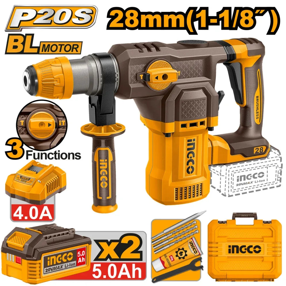 Marteau Perfora 20V 28mm 2Bat 5Ah+Ch INGCO | CRHLI202862