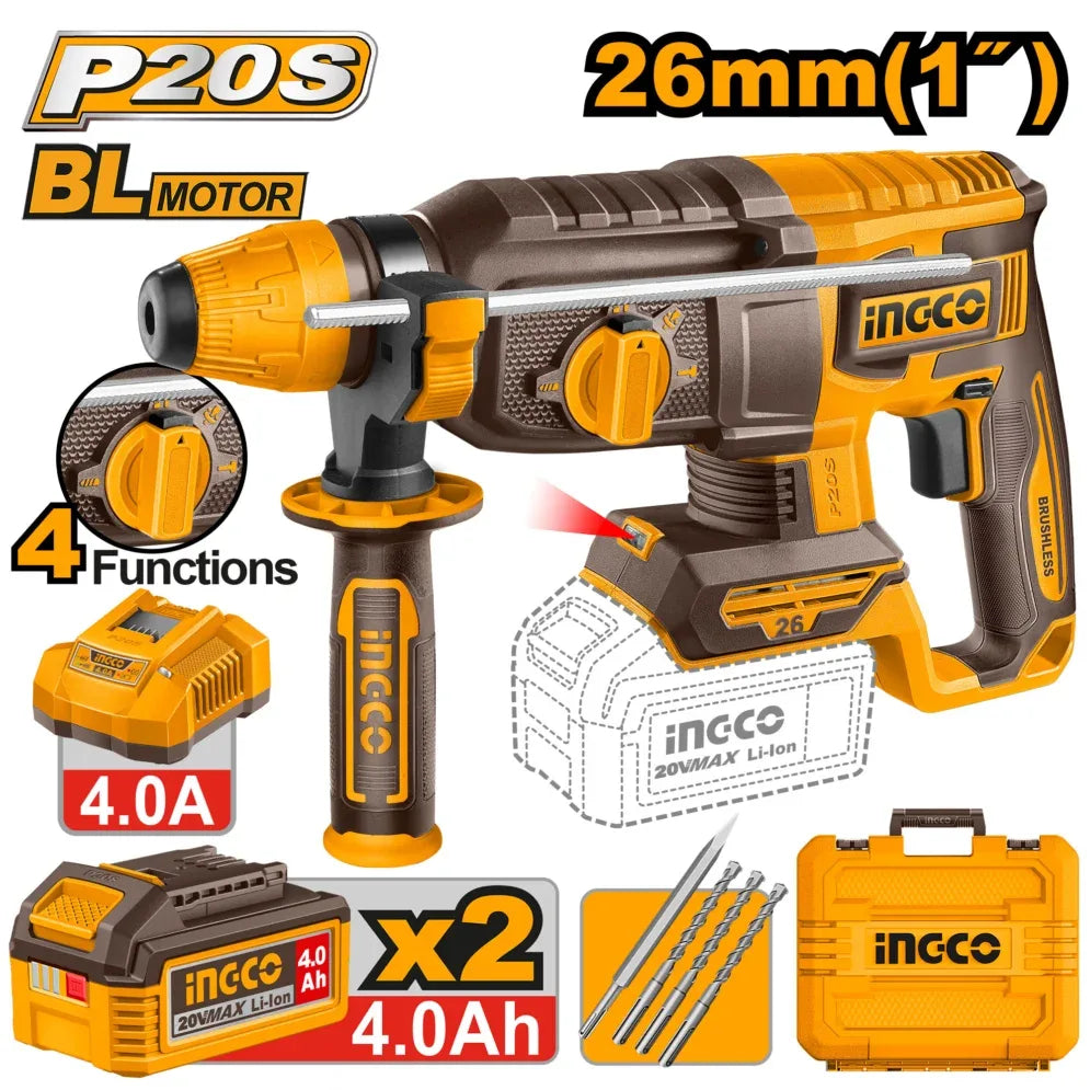 Marteau Perforateur 20V 26mm 2Batt +Chargeur INGCO | CRHLI262085