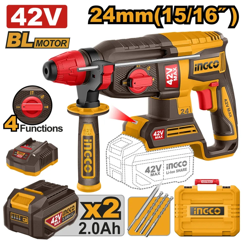 Marteau Rotatif 42V 24mm 2Bat 2Ah Cha INGCO | CRHLI422482