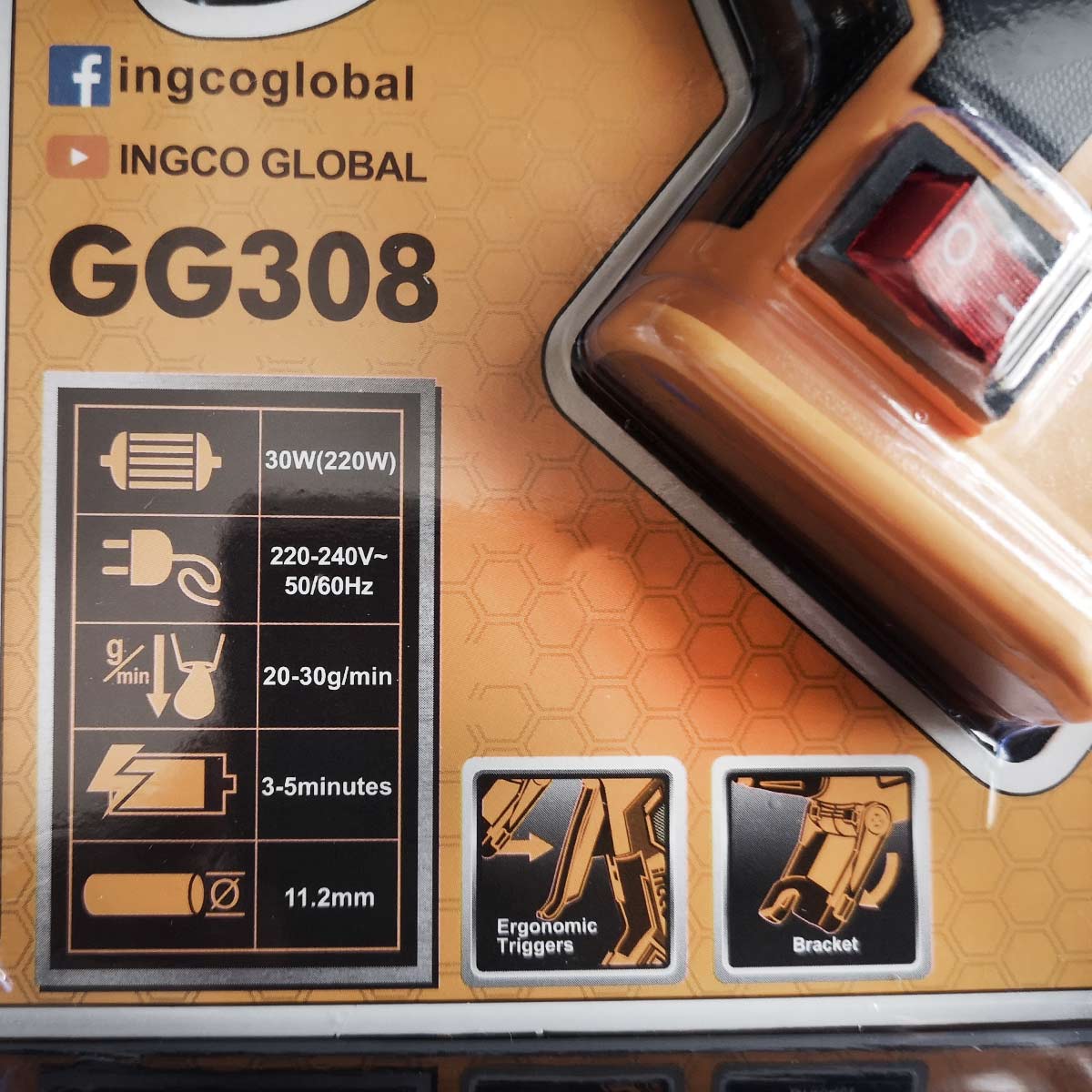 GG308 - PISTOLET A COLLE 30W(220W) + 8 BATONNETS DE COLLE INGCO Maroc