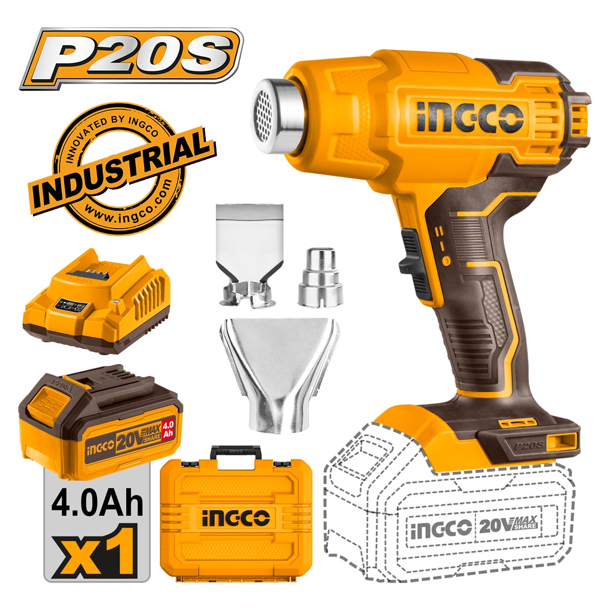 Décapeur thermique 20V+1Batt4Ah+3accessoires INGCO | HGLI20025