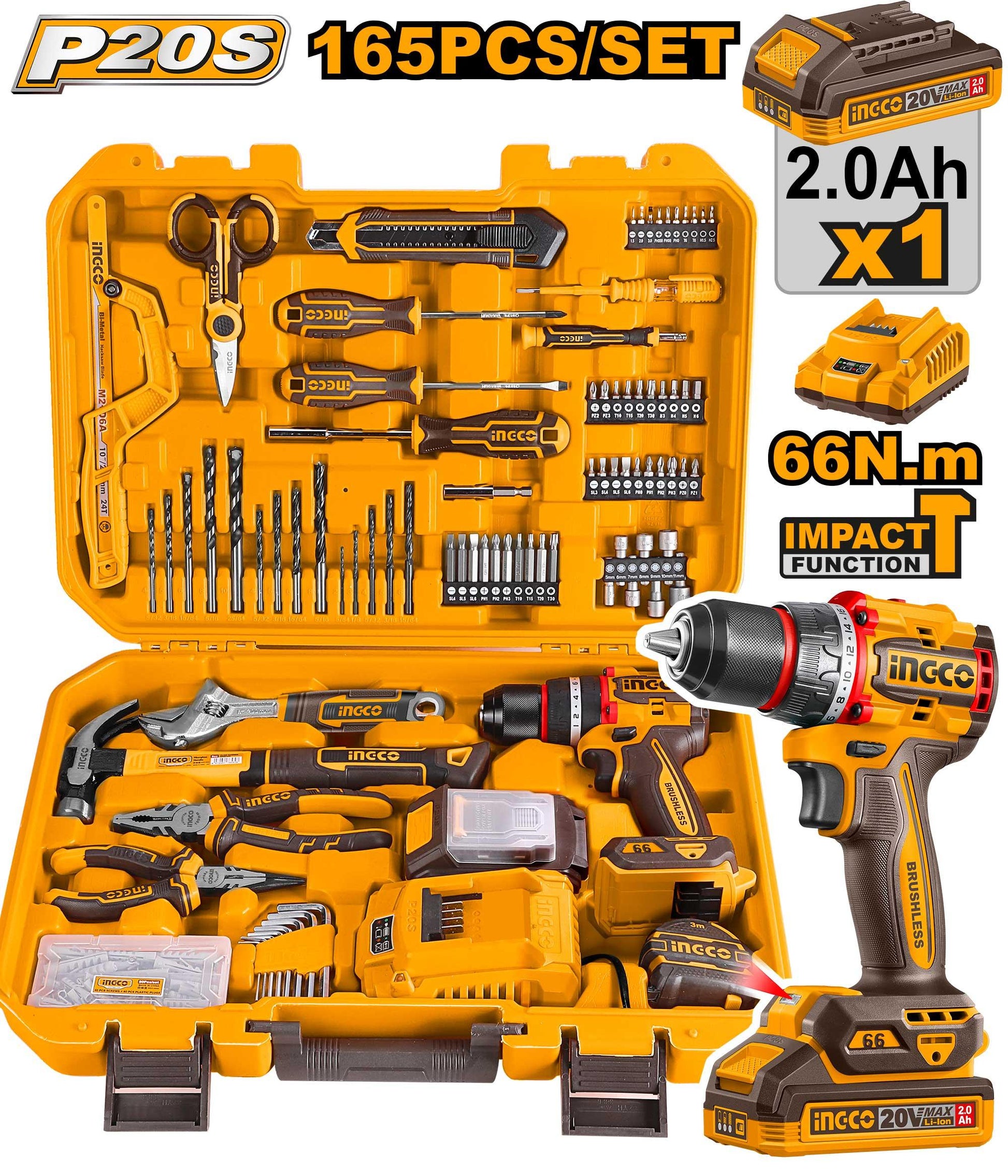 HKTHP11651 - COFFRET PERCEUSE 20V+164 PIECES INGCO Maroc