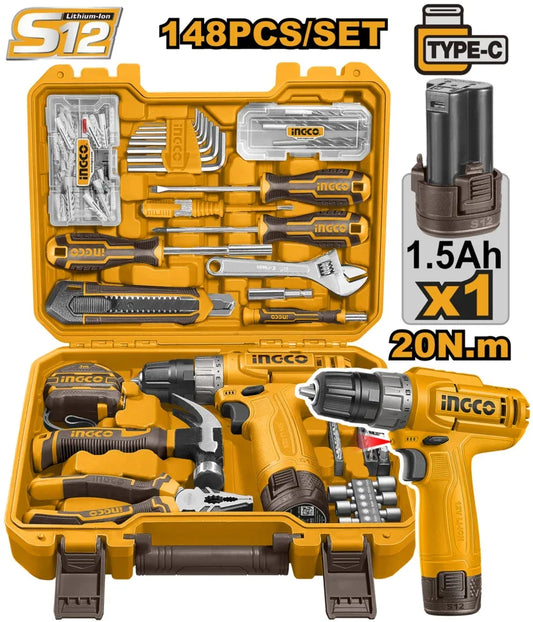 Coffret visseuse 12V + jeu de 148 outils INGCO | HKTHP41482