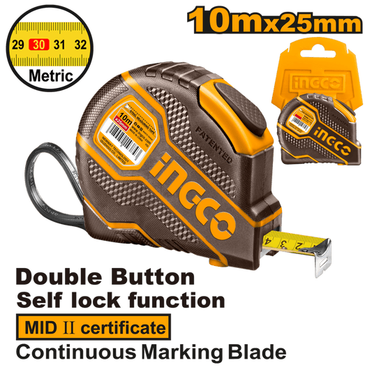 Ruban à mesurer en acier 10m x 25mm INGCO | HSMT08101E