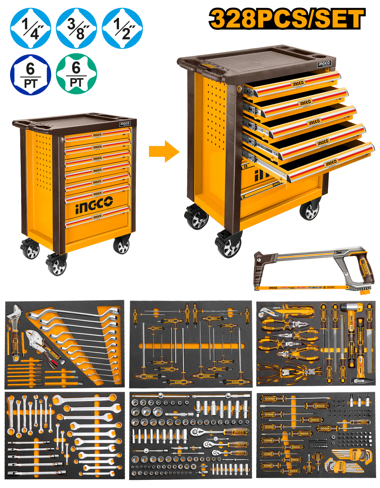INGCO SERVANTE A 7 TIROIRS + 328 PIECES AU MAROC