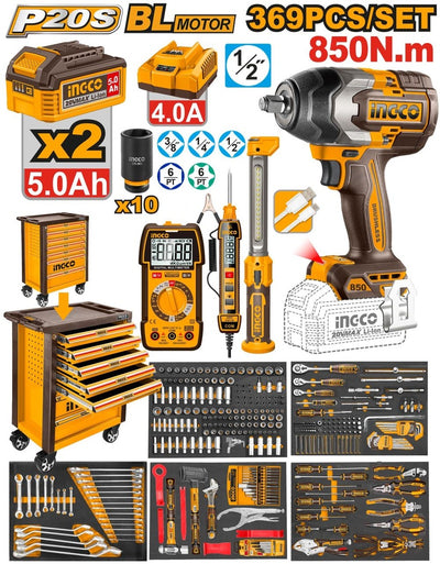 INGCO SERVANTE 7 TIRROIRS 369PCS + BOULONNEUSE 850NM AU MAROC [HTCS283692]