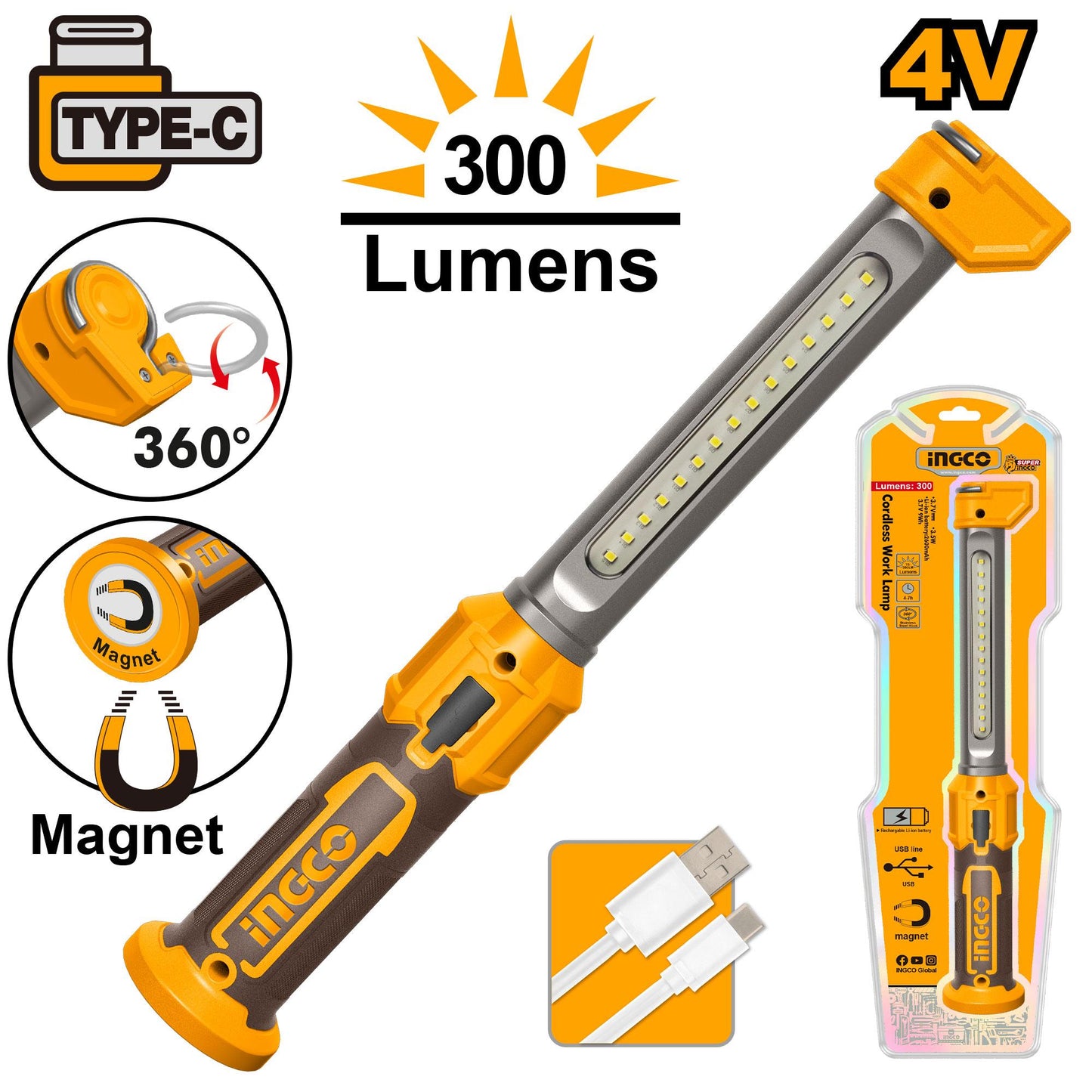 HWLI043006 - LAMPE DE TRAVAIL SANS FIL 4V TYPE-C INGCO Maroc