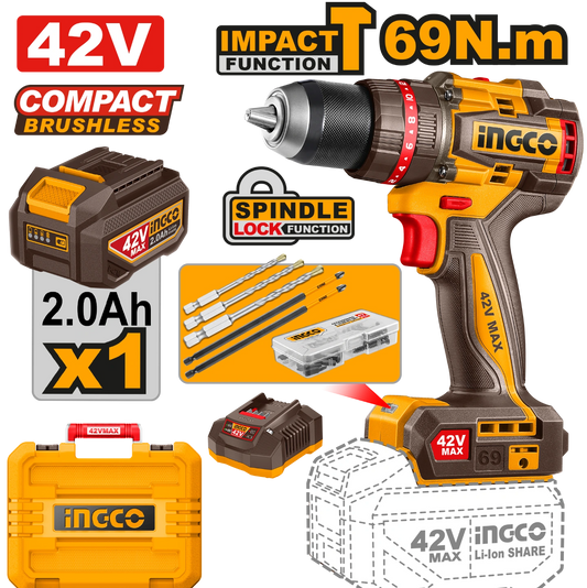 INGCO PERCEUSE À PERCUSSION SANS FIL COMPACT BRUSHLESS 69N.M 42V AVEC 1BATT ET 1 CHARGEUR AU MAROC CIDLI426981