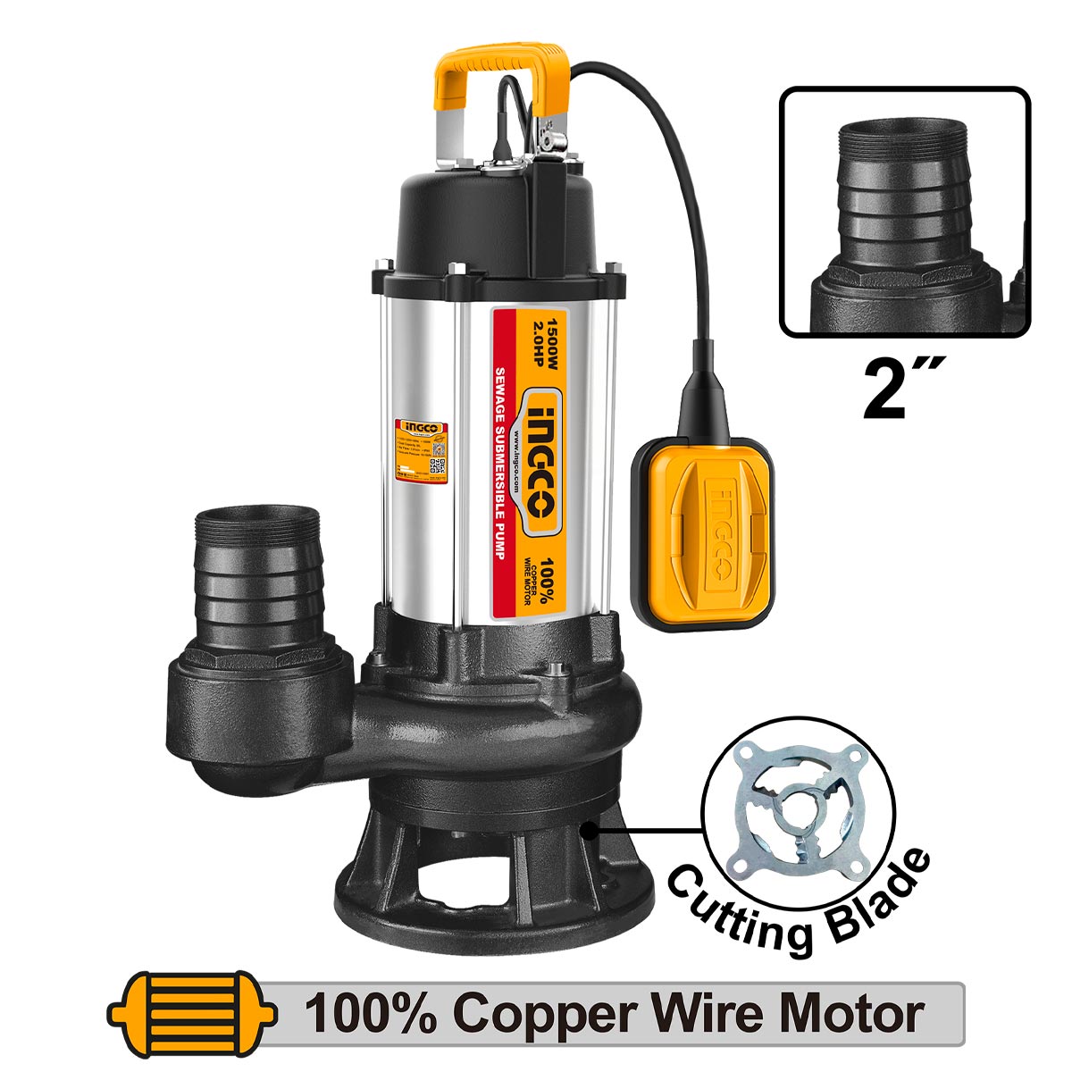 Pompe submersible pour eaux usées 1500W INGCO | SPDB150068