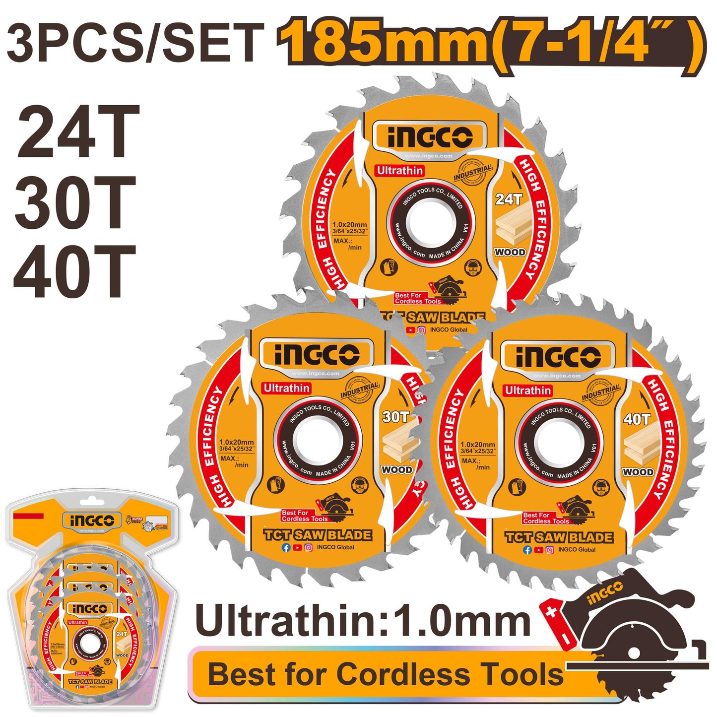 TSB18503 - JEU 3LAME SCIE CIRCULAIRE 185MM 24-30-40T INGCO Maroc