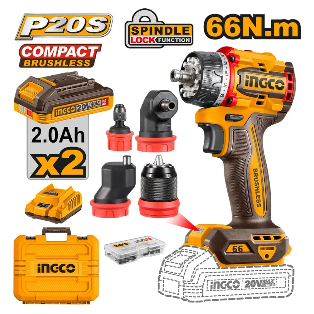 INGCO Perceuse-Visseuse CDLI206686 20V 66Nm — multi-têtes sans fil au Maroc