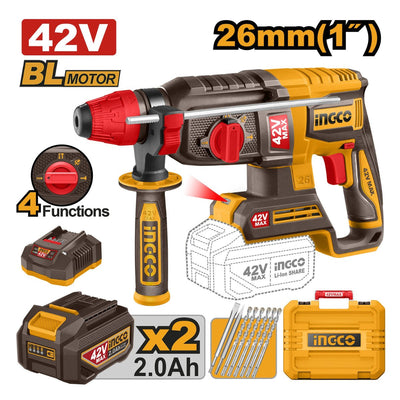 INGCO MARTEAU PERFORATEUR 26MM 42V + 2BATTERIES 2AH AU MAROC [CRHLI422682]