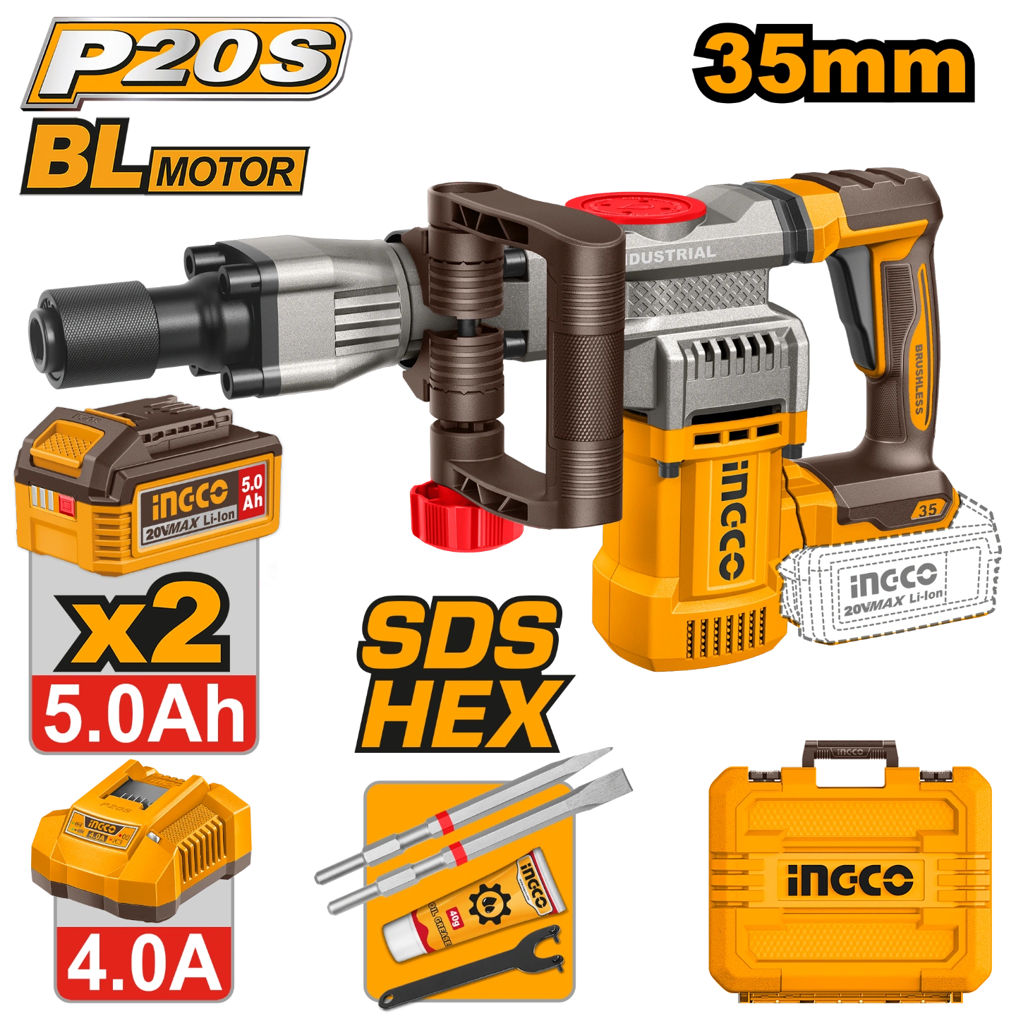 Marteau Piqueur 20V 35mm - 2Batt 5,0Ah + Chargeur INGCO | CDBLI203582